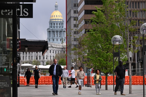 Pedestrians walk along recently completed sections of 16th Street in Denver on May 12, 2025. (Photo by Helen H. Richardson/The Denver Post)