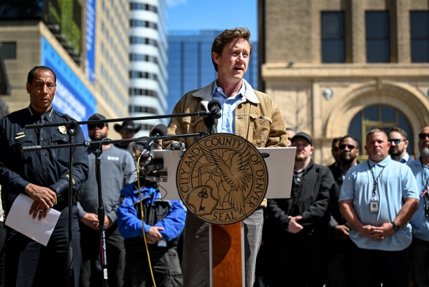 Mayor Mike Johnston speaks during a press conference on 16th Street in Denver on Wednesday, April 2, 2025. (Photo by AAron Ontiveroz/The Denver Post)